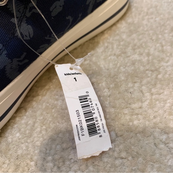 Joe Fresh Blue White High Top Sneakers Kids Size 1 Dinosaurs Print Strap NEW - Picture 9 of 14